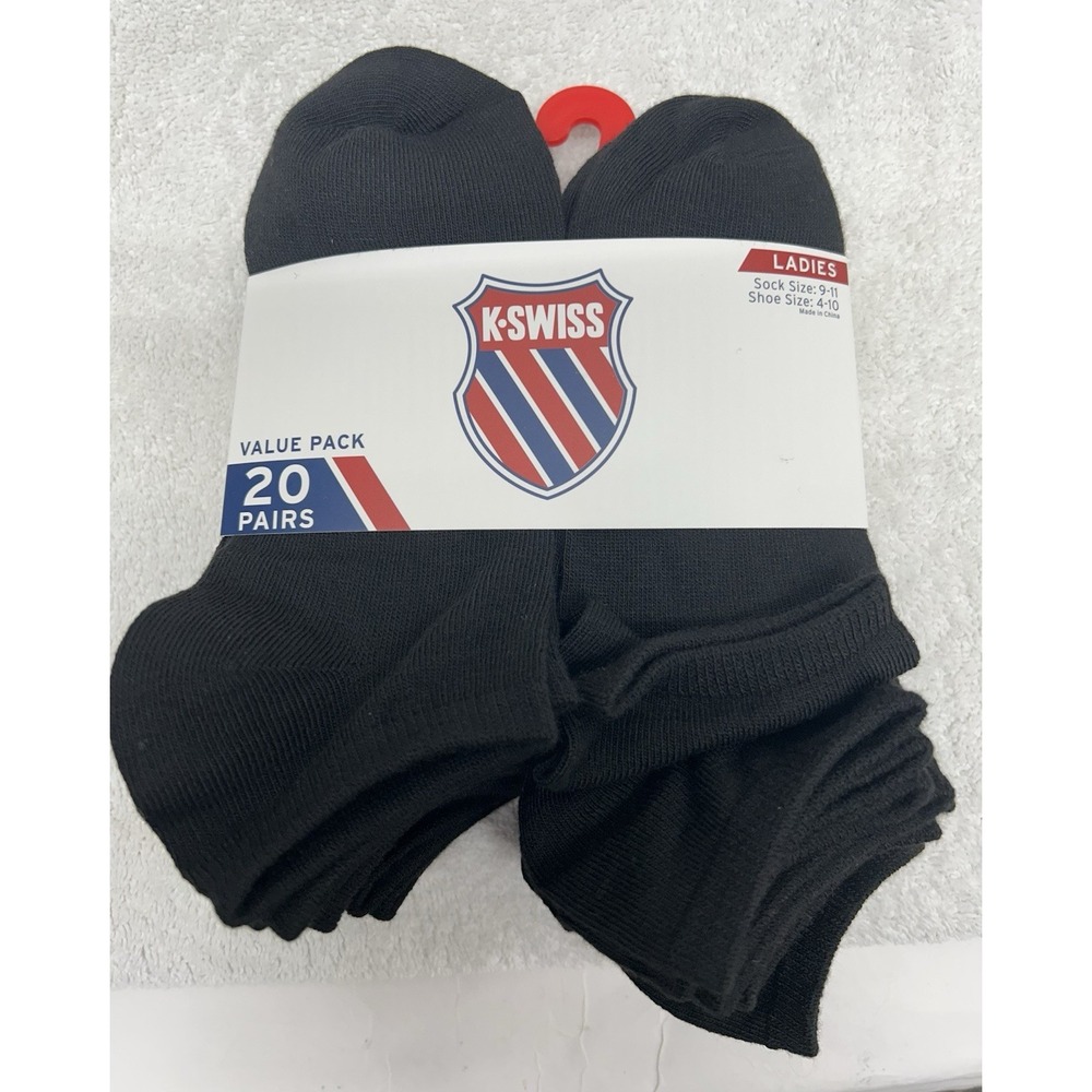 K Swiss Womens Size 9-11 Low Cut Black 20 Pair Socks